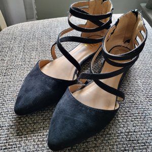 Black strappy pointed flats with zipper